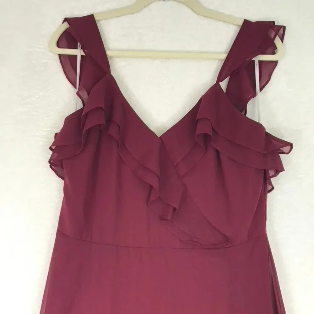 Lulus Dress Large Burgundy Adorning Glances Ruffles‎ Resort Wedding Formal READ